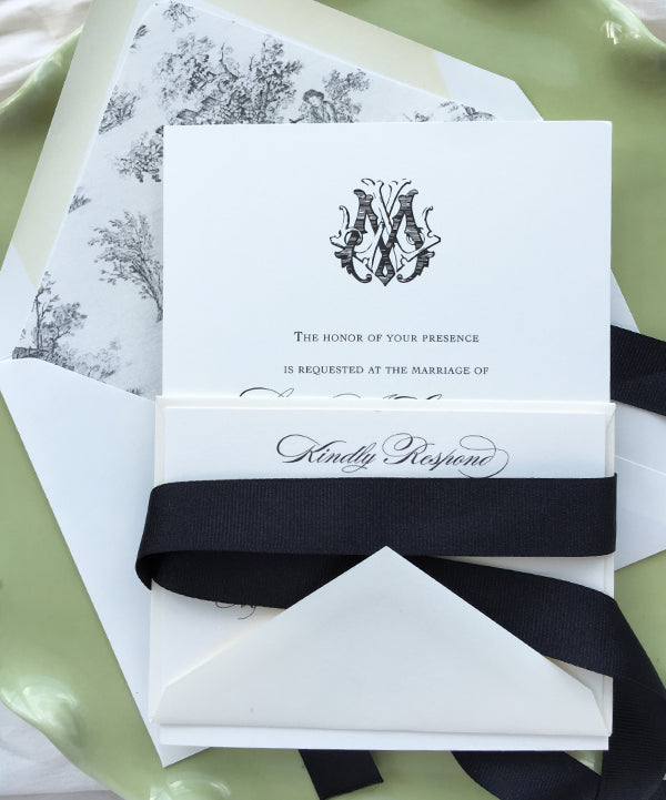 Black and White Spring Wedding Invitation with Monogram and Toile