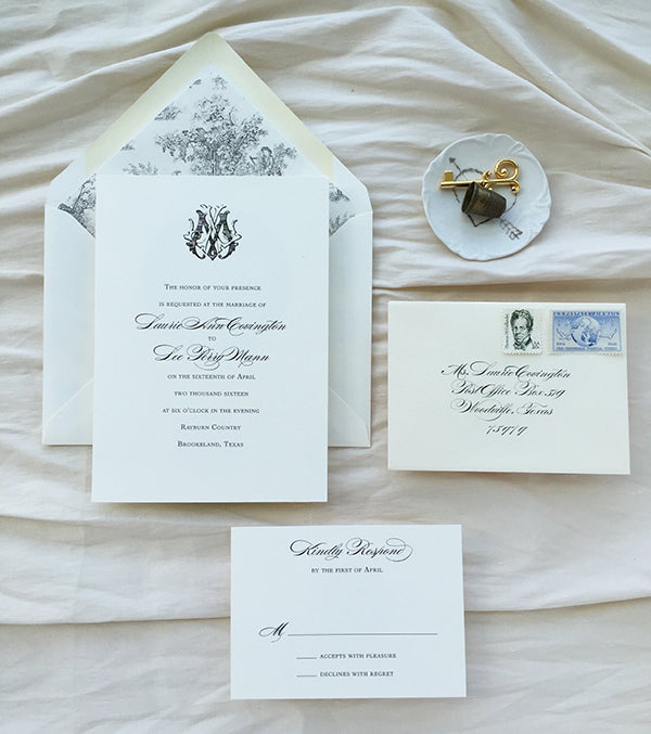 Black and White Spring Wedding Invitation Suite with Monogram and Toile