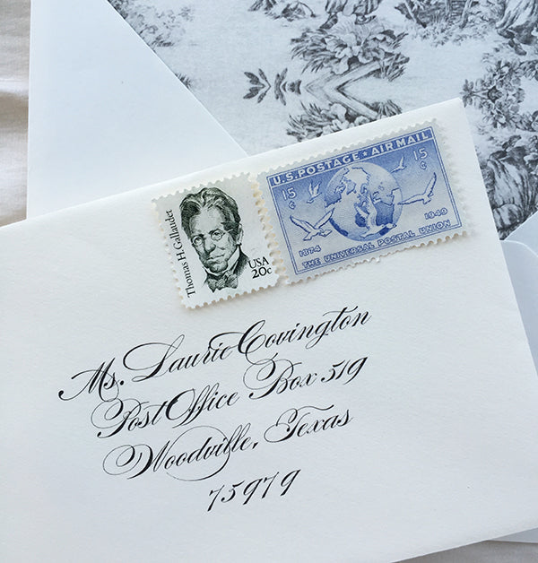 Traditional RSVP Envelope with Vintage Stamps and Toile Envelope Liner