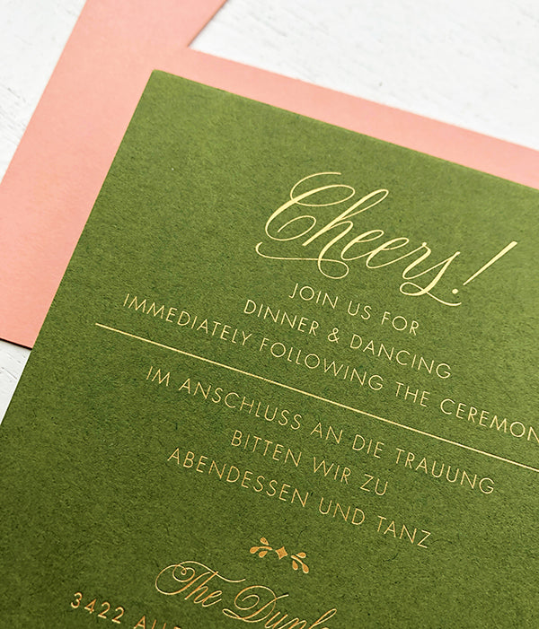 Gold Foil and Olive Reception Card Bilingual Wedding Invitations