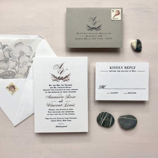 New York Wedding Invitation Blush, Rose Gold and Gray Letterpress