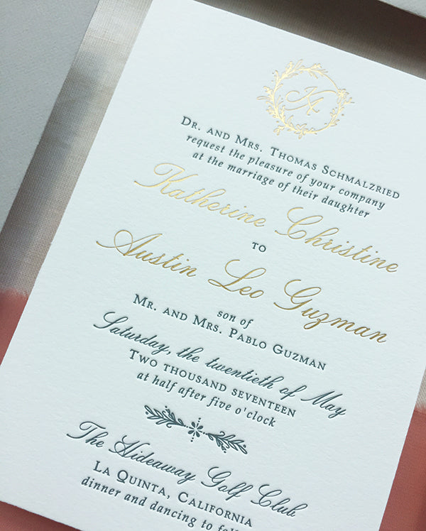 dusty blue gold foil letterpress invitation formal wedding