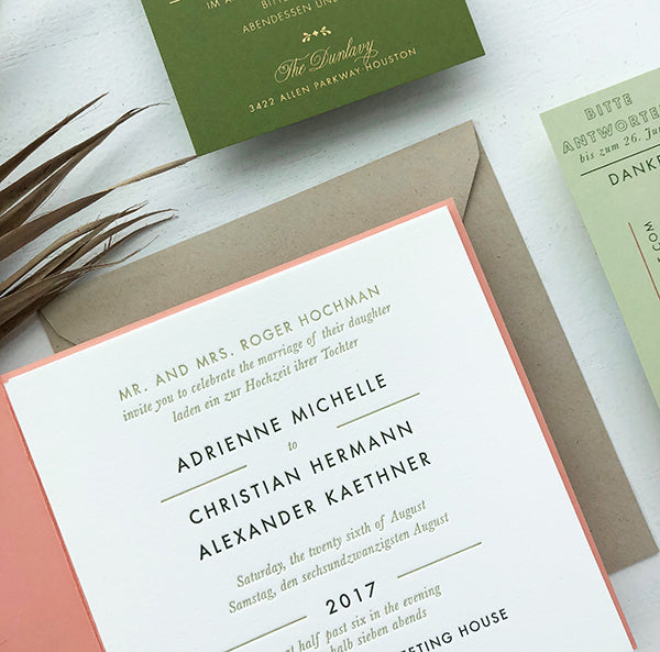 Coral + Olive Bilingual Letterpress Wedding Invitations