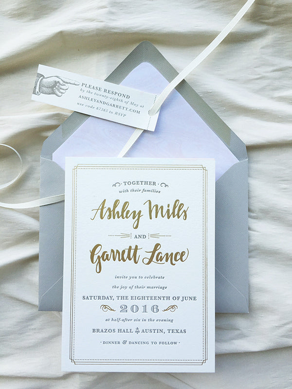 Gold Foil Gray Letterpress Austin Texas Wedding Invitation Hand Lettered