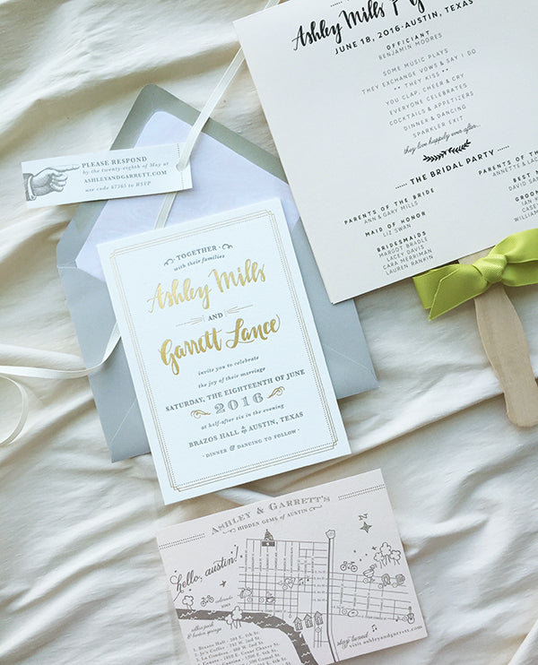 Gold Foil Gray Letterpress Austin Texas Wedding Invitation