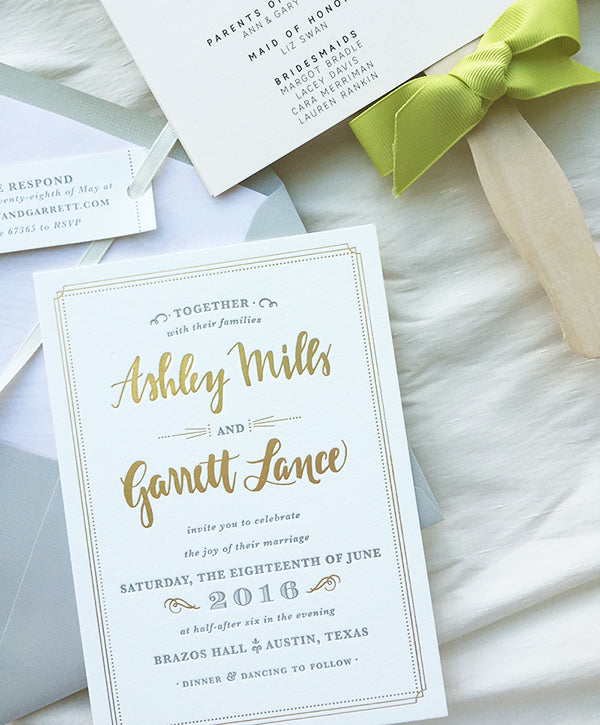 Gold and Gray Letterpress Wedding Invitation Marble Liner Fan Program