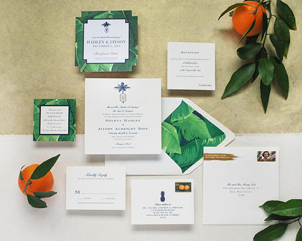 tropical florida wedding invitation letterpress formal banana palm pineapple