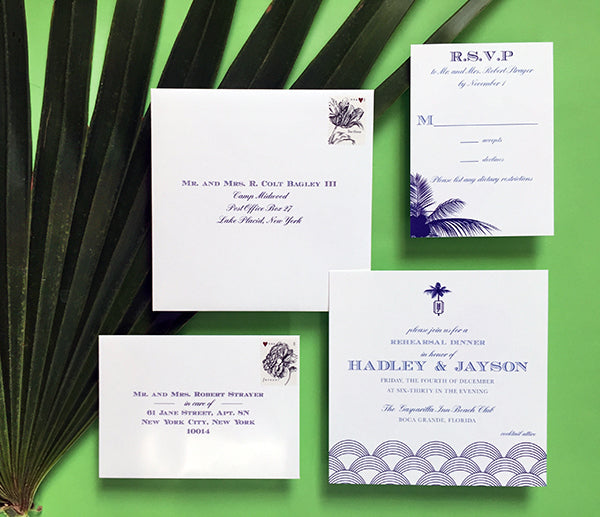 palm square preppy monogram rehearsal dinner invitation florida wedding