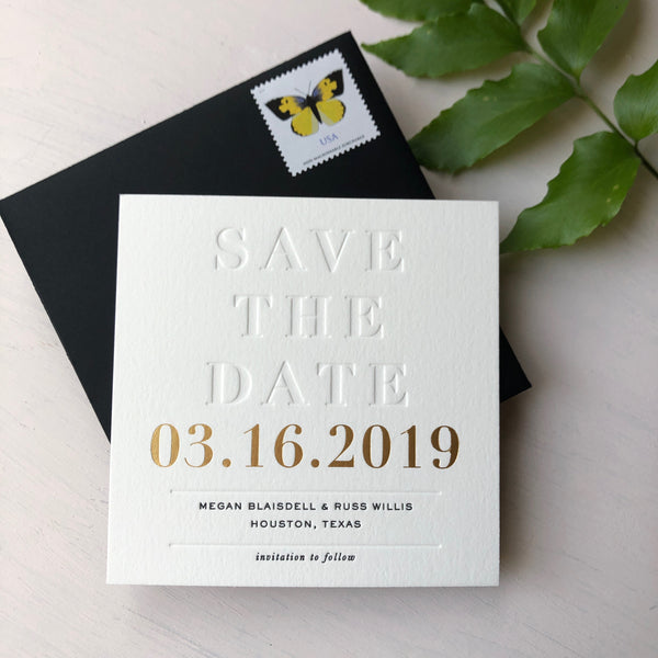 Black Letterpress Gold Foil Blind Luxury Save the Date Square Chic Modern Didot
