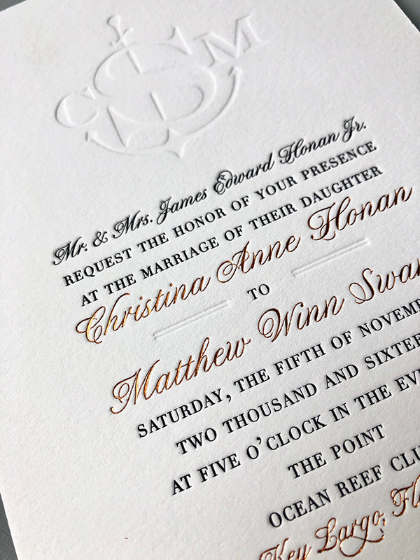 Luxury Wedding Invitation Blind Monogram Black Letterpress Copper Foil