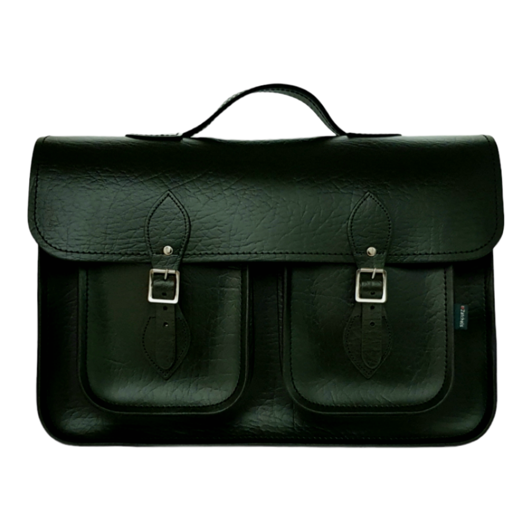 Twin Pocket Executive Handmade Leather Satchel - British Racing Green - 17.5"