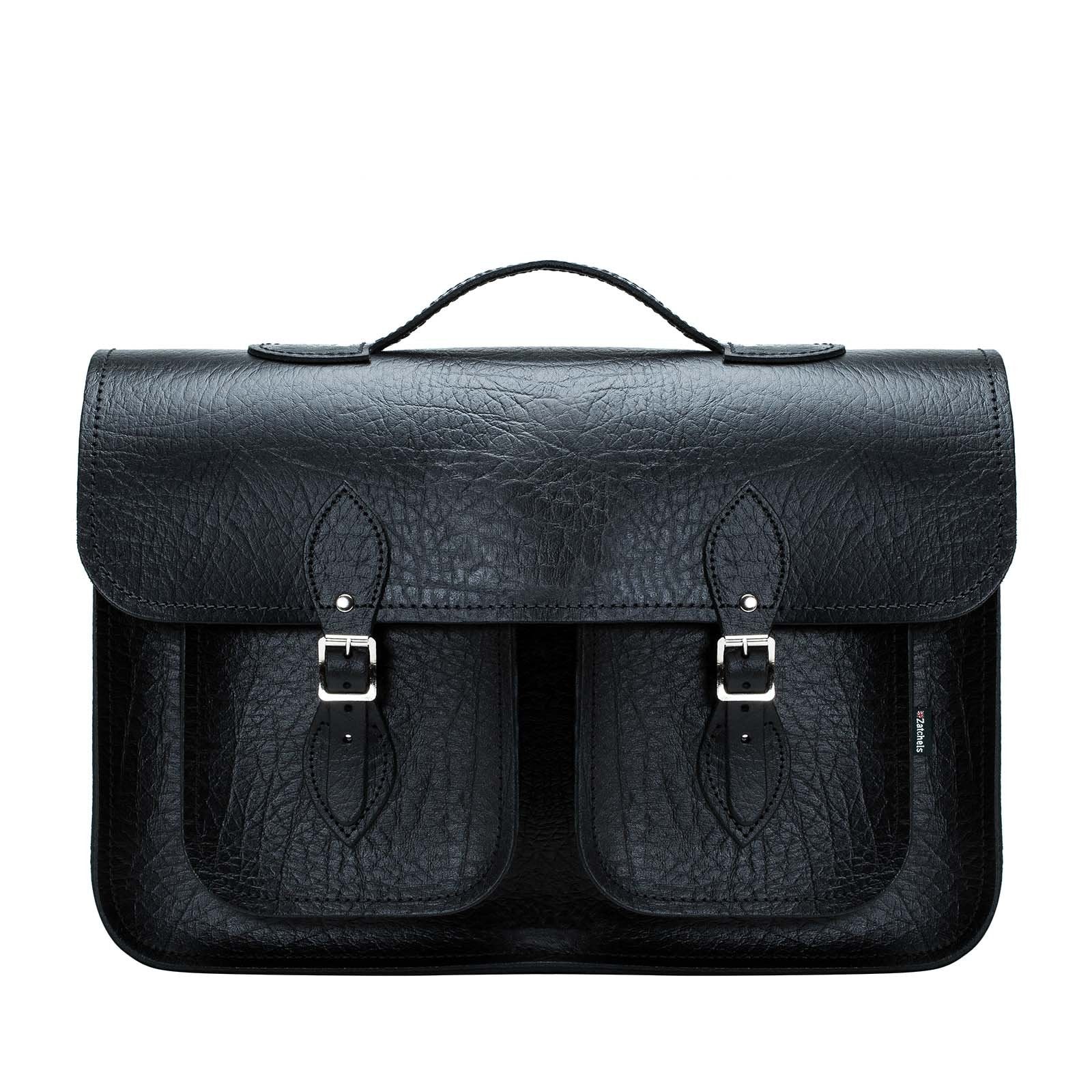 Twin Pocket Executive Handmade Leather Satchel - Black - 17.5"