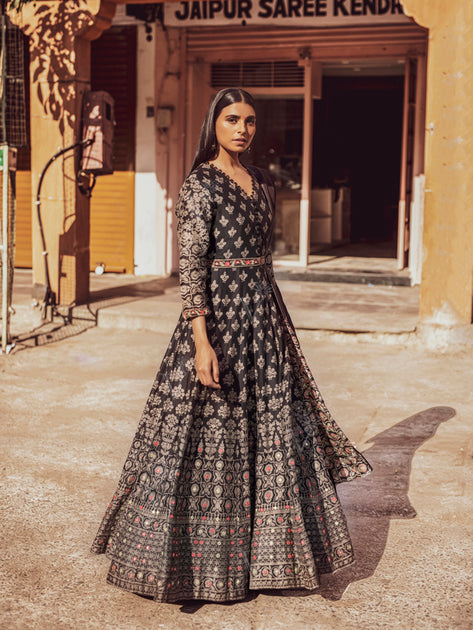 Buy Black Chanderi Silk Anarkali Gown- TYPES OF ANARKALI DRESS