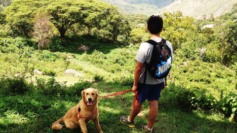young man with dog hiking mans best friend