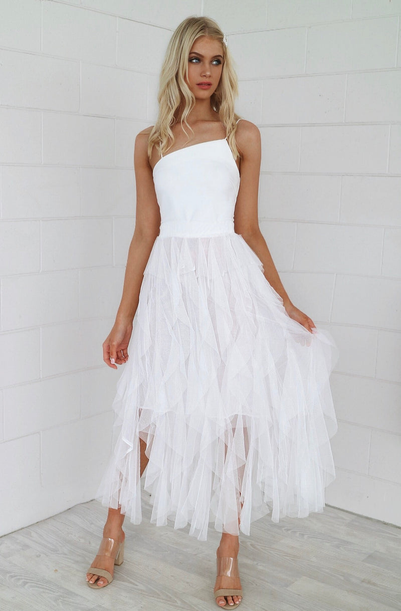 white midi tulle dress