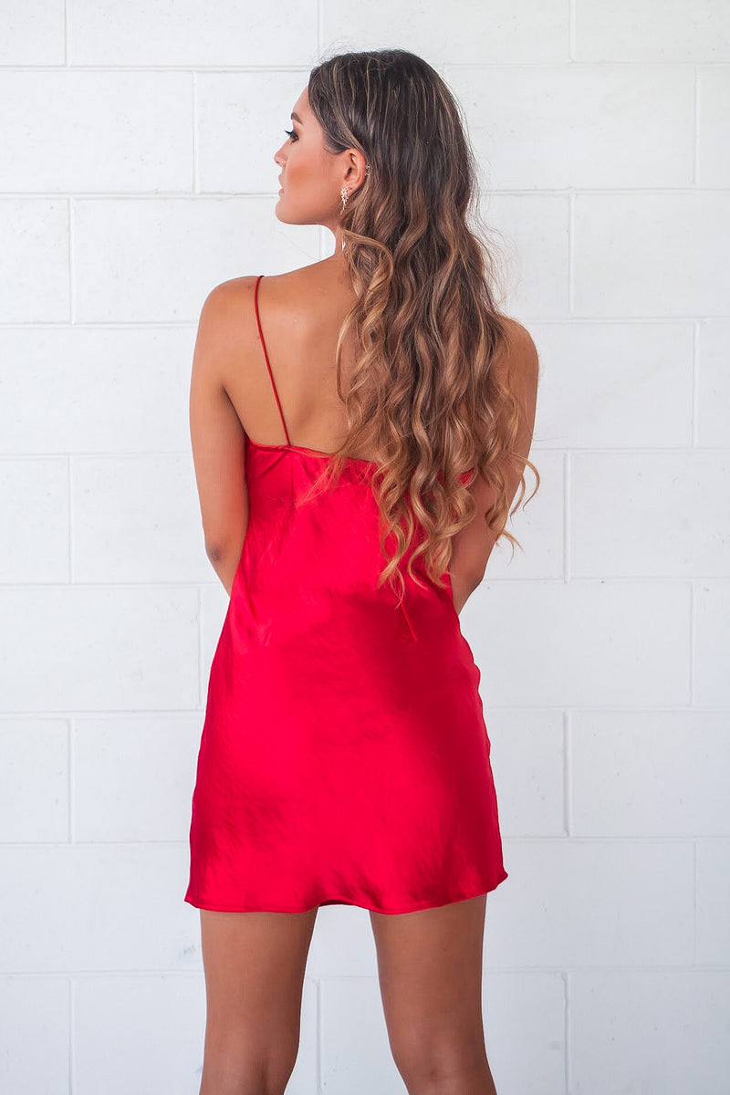 red silk slip dress short