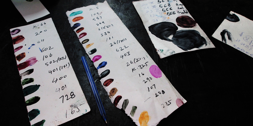 Sampling and numbering of natural silk dyes ready for printing Parekh Bugbee textiles
