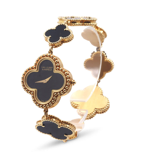 Van Cleef & Arpels Yellow Gold and Onyx Alhambra Watch, Small Model