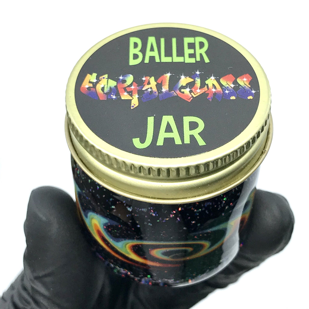 Empty1 Glass Baller Jar view of Baller Jar Decal on Lid