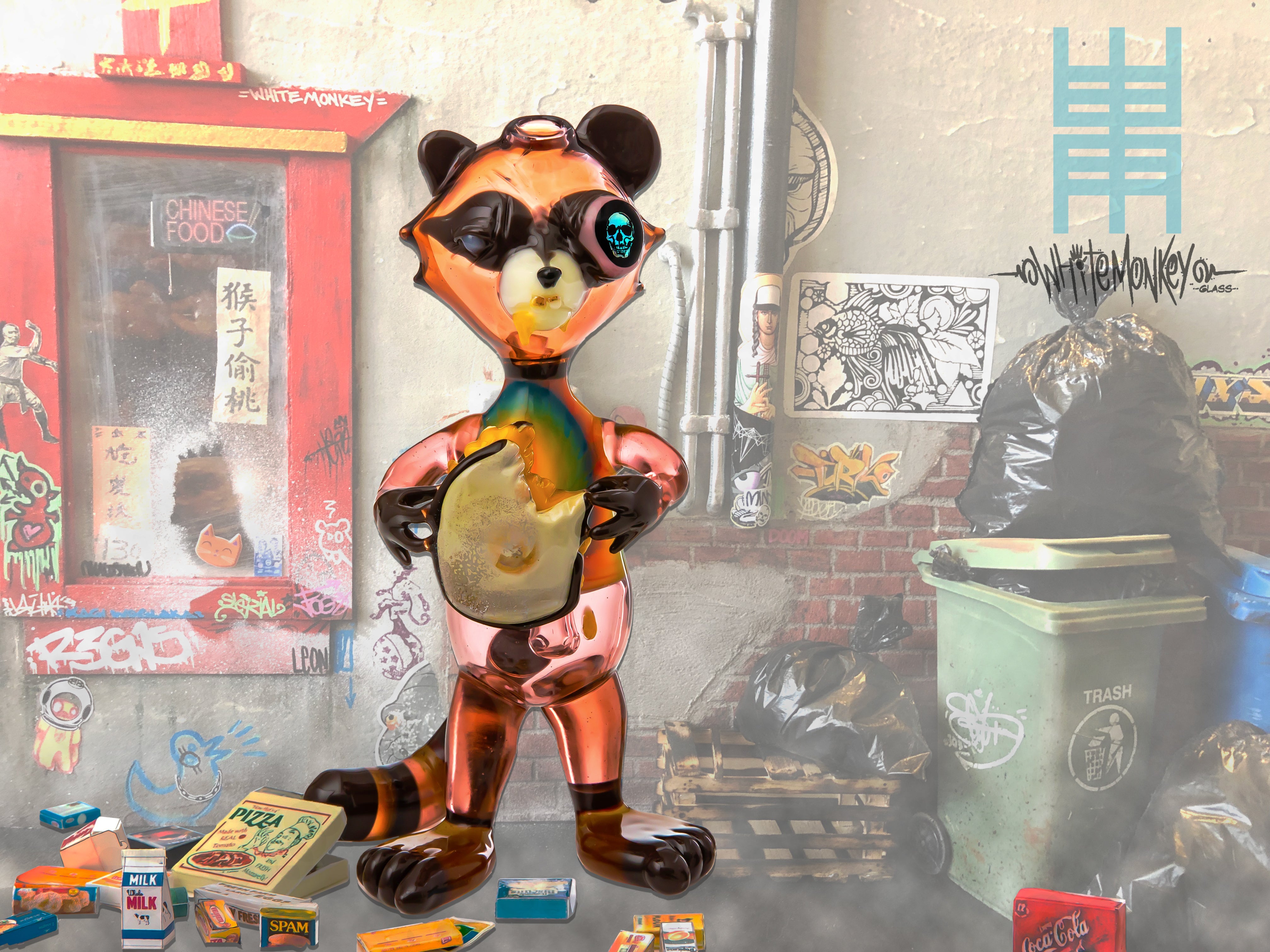 Heady Glass Trash Panda Eating a Grilled Cheese in front of miniature alleyway model