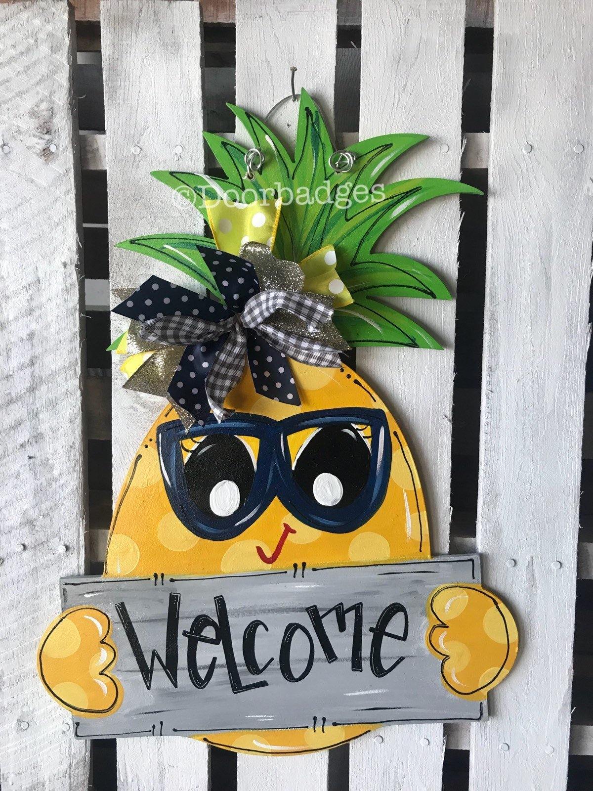 summer door hanger pineapple wreath Pineapple door hanger welcome door hanger