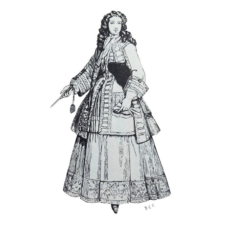 Riding habit coat waistcoat and petticoat with wig and tricorne hat under arm from 1715 illustration by Barbara Phillipson