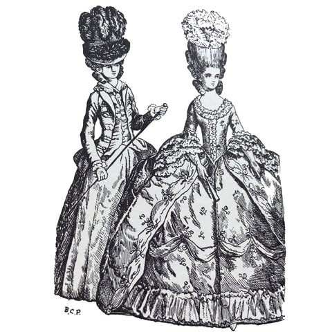 Riding habit jacket waistcoat and petticoat with beehive hat over high coiffure on left 1778 full dress on right illustration by Barbara Phillipson
