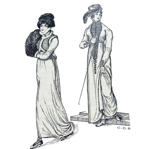 Walking dress from 1813 on left and riding dress with military trim worn with black beaver riding hat from 1812 on right illustration by Cecil Everitt