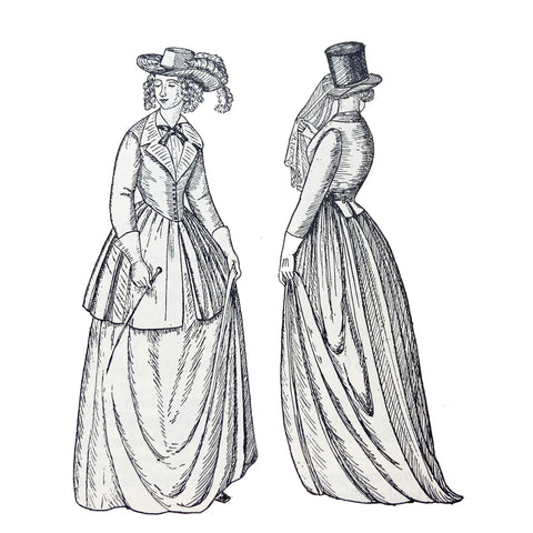 Two styles of riding costume the first wearing a habit with a polka skirt over the riding skirt from 1843 illustration by Phillis Cunnington