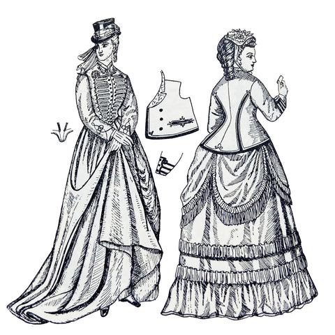 Riding habit from 1870 on left and D-B jacket with walking dress on right from 1870 illustration by Phillis Cunnington
