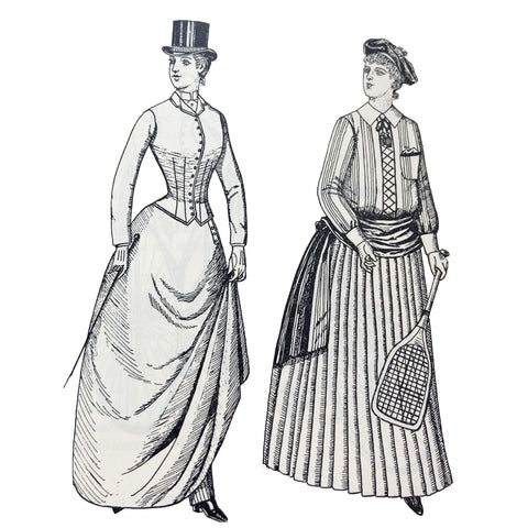 Riding habit and tennis costume from 1888 illustration by Phillis Cunnington