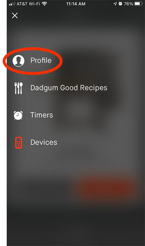 Screen with menu open. "Profile" is the first link.