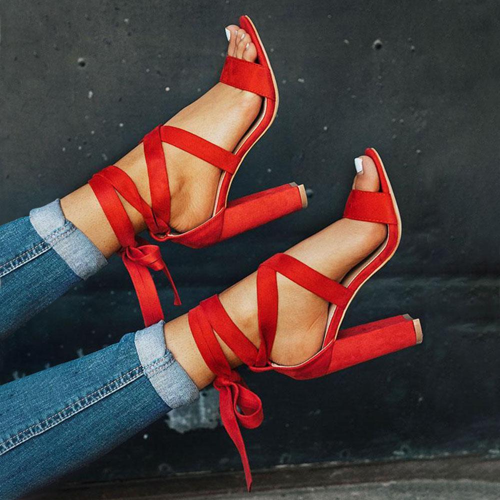 red chunky lace up heels