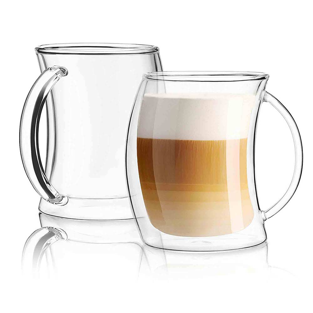 JoyJolt Double Wall Glasses 13.5-Ounce Insulated Mugs Double Walled Glass Cups For Coffee Tea Set of 2 