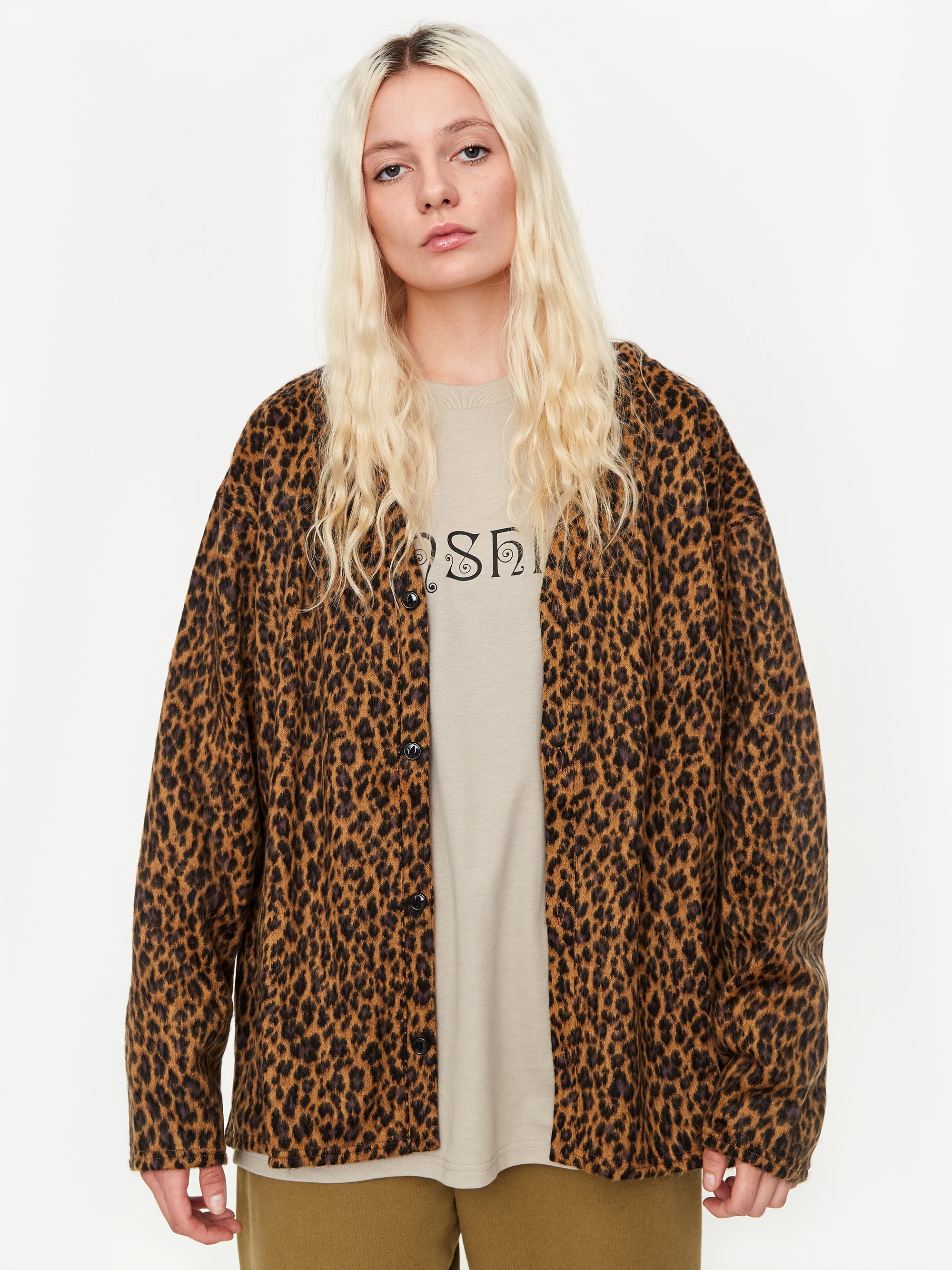 South2 West8 Shaggy V Neck Cardigan W - Leopard