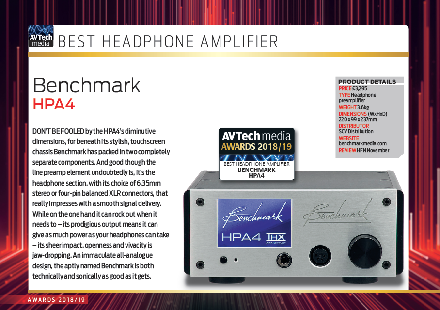 AV Tech Media Award Page - Best Headphone Amplifier - Benchmark HPA4