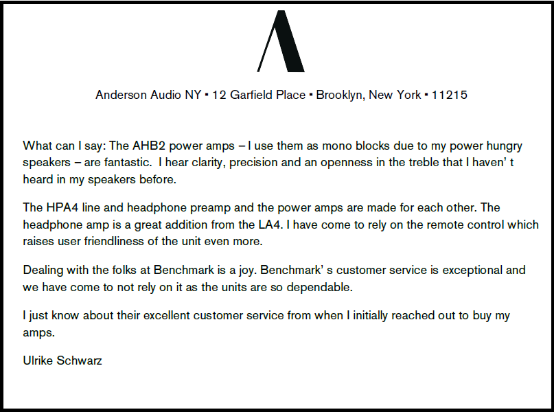 Anderson Audio Benchmark Endorsement