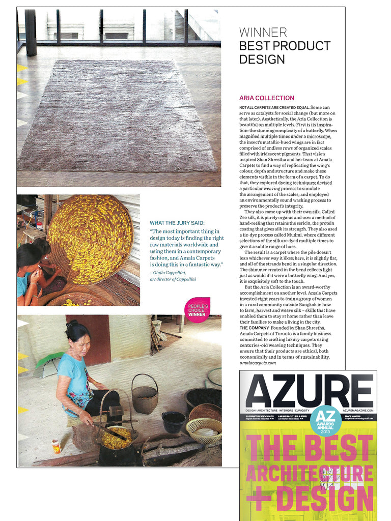Article in Azure magazine about Aria rug by Amala Carpets winning the AZ award for best interior product in 2013