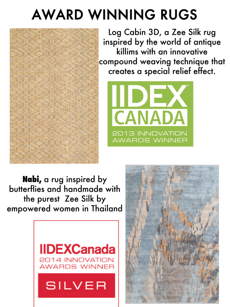 Log cabin 3d and Nabi are two zee silk rugs by amala carpets that have won IIDEX innovation awards