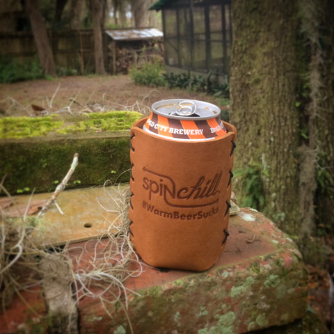 Handmade leather SpinChill koozie with a Duke's Brown Ale from Bold City Brewing, Jacksonville, FL.
