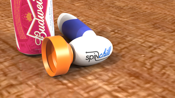 Orange and blue SpinChill next to Budweiser can.