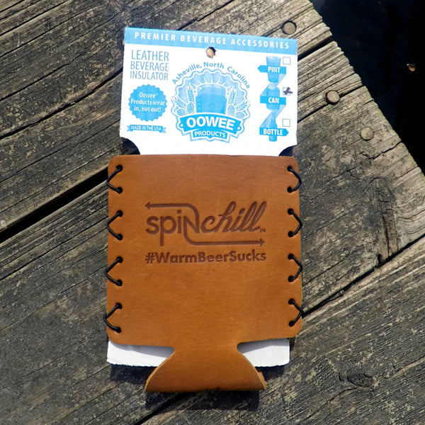 Handmade leather koozie from Oowee Products, Asheville, NC.