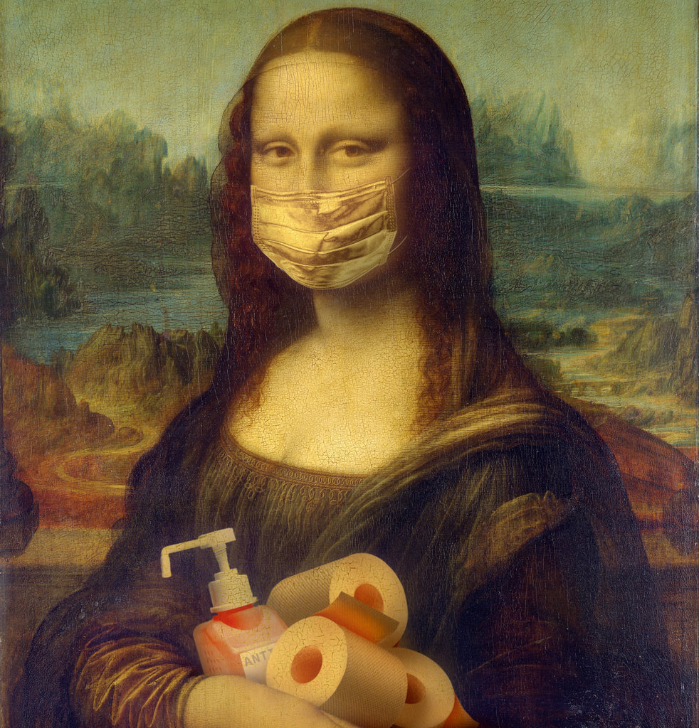 mona lisa wearing face mask and holding tissue and sanitizer