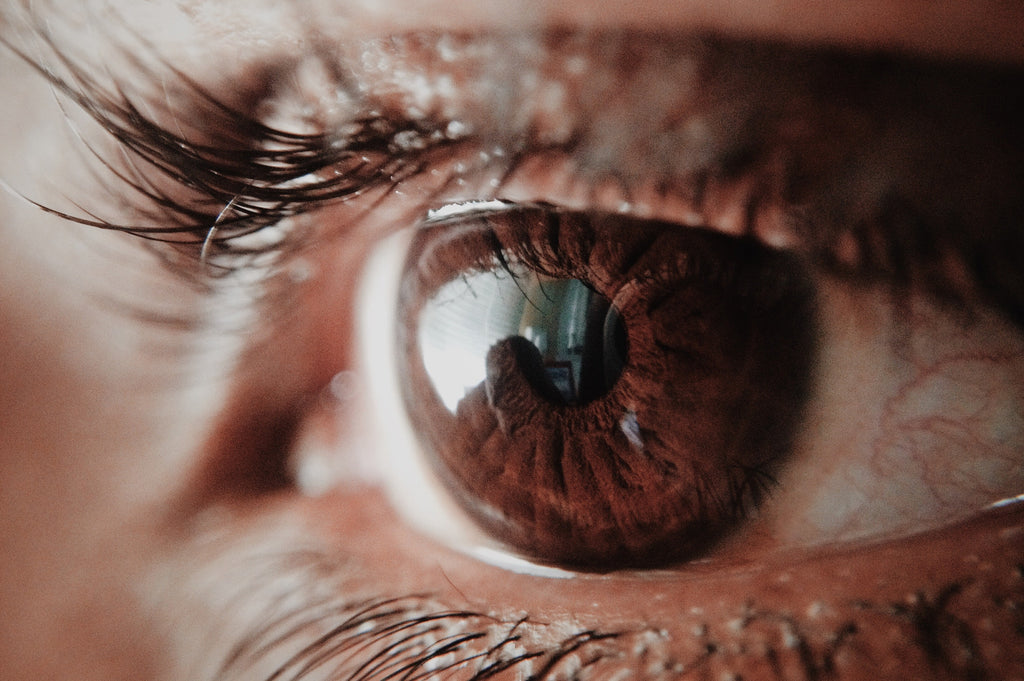 Close up of a human eye with a large pupil.