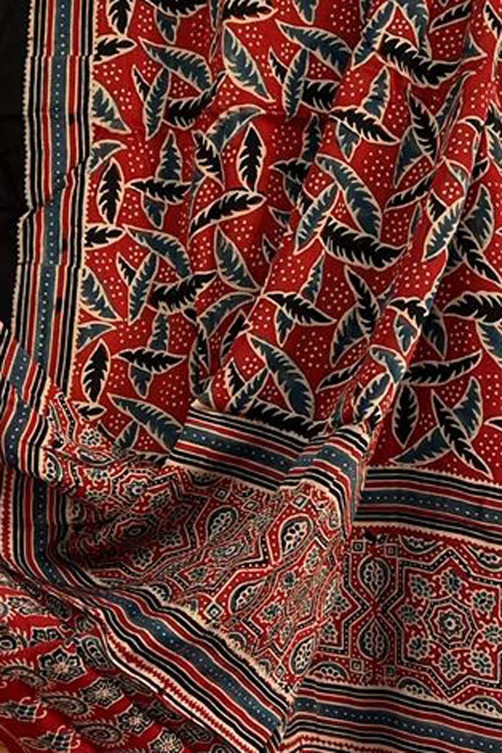 Red Ajarkh Block Printed Modal Silk Tissue Border Dupatta