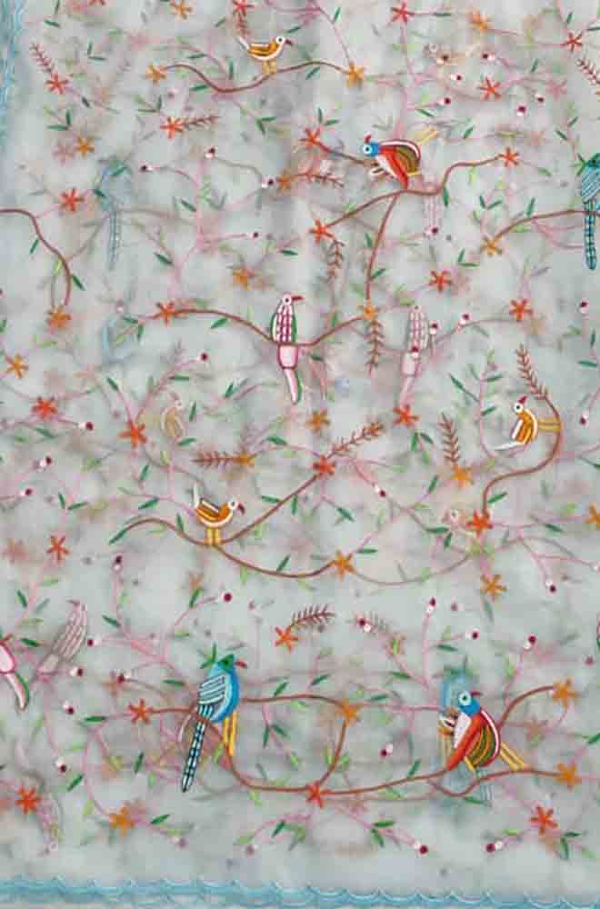 Off White Embroidered Parsi Convent Work Net Flower Design Dupatta - Luxurionworld