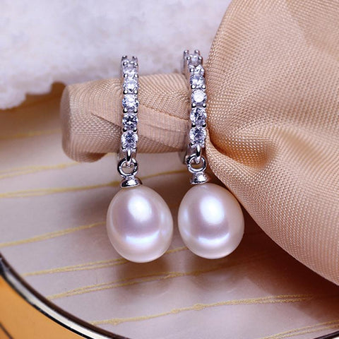 Handmade Big Pure Freshwater Pearl Silver Earrings Crystal