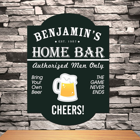A black bar sign that says Benjamin's home bar authorized men only cheers