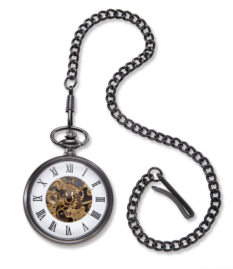 A personalized pocket watch with a long chain and roman numerals on the clock