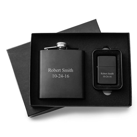 A black flask and black zippo lighter that both say Robert Smith 10-24-16